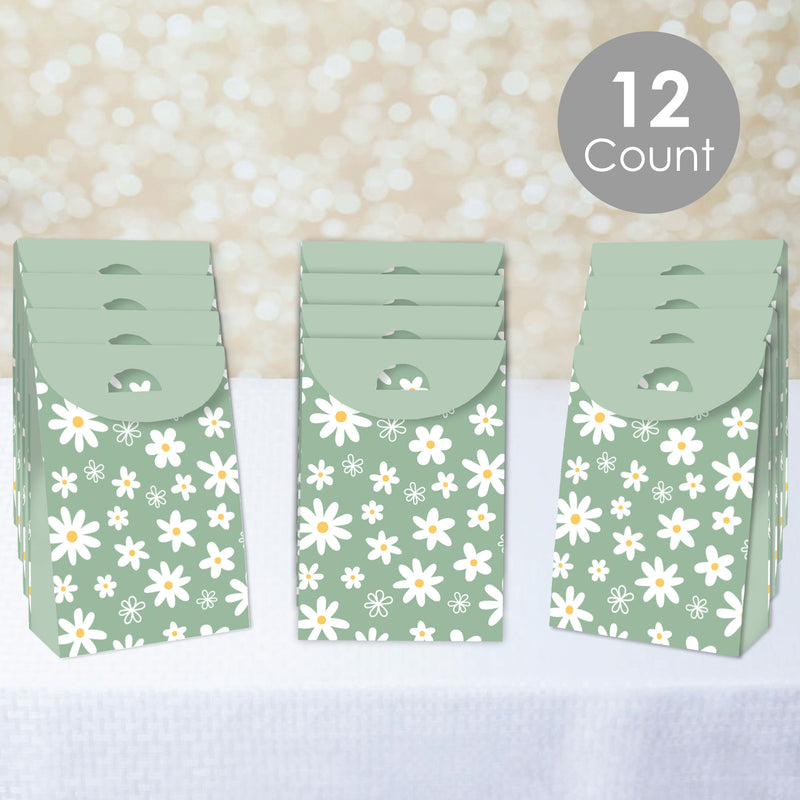 Sage Green Daisy Flowers - Floral Gift Favor Bags - Party Goodie Boxes - Set of 12