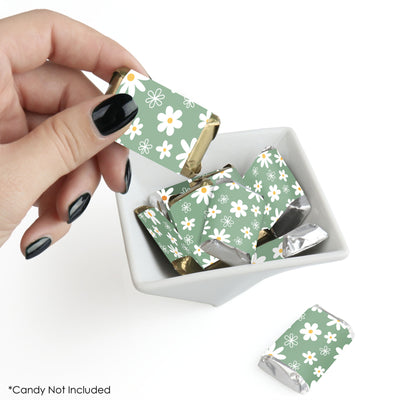 Sage Green Daisy Flowers - Mini Candy Bar Wrapper Stickers - Floral Party Small Favors - 40 Count