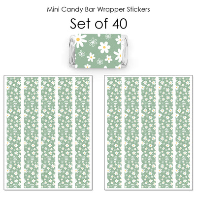 Sage Green Daisy Flowers - Mini Candy Bar Wrapper Stickers - Floral Party Small Favors - 40 Count