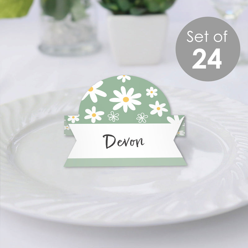 Sage Green Daisy Flowers - Floral Party Tent Buffet Card - Table Setting Name Place Cards - Set of 24