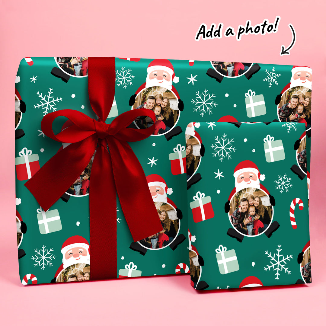 Custom Photo Wrapping Paper - Green Christmas Santa