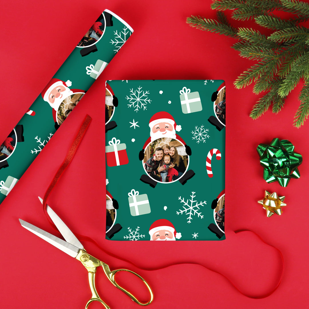 Custom Photo Wrapping Paper - Green Christmas Santa