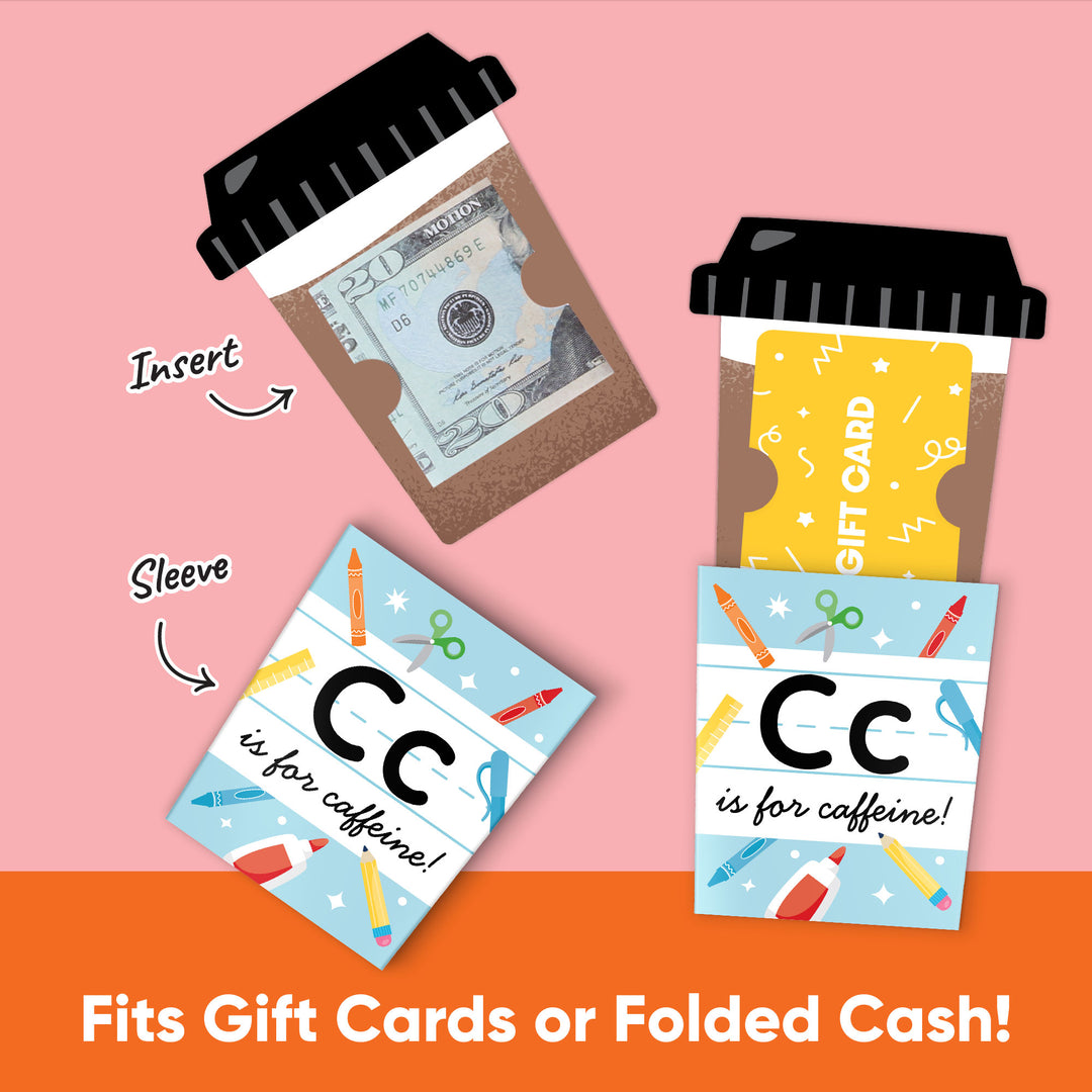 C is for caffeine design close-up on school themed card holder