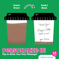 To-go coffee cup card holder detail with printed design
