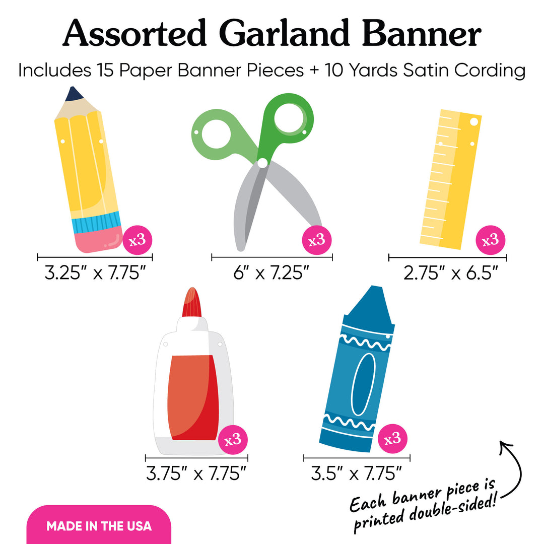 15-piece school supplies banner set with 30 feet cording included