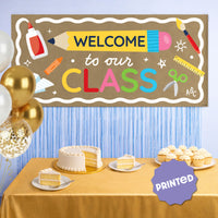 First day of school photo backdrop with welcome classroom banner