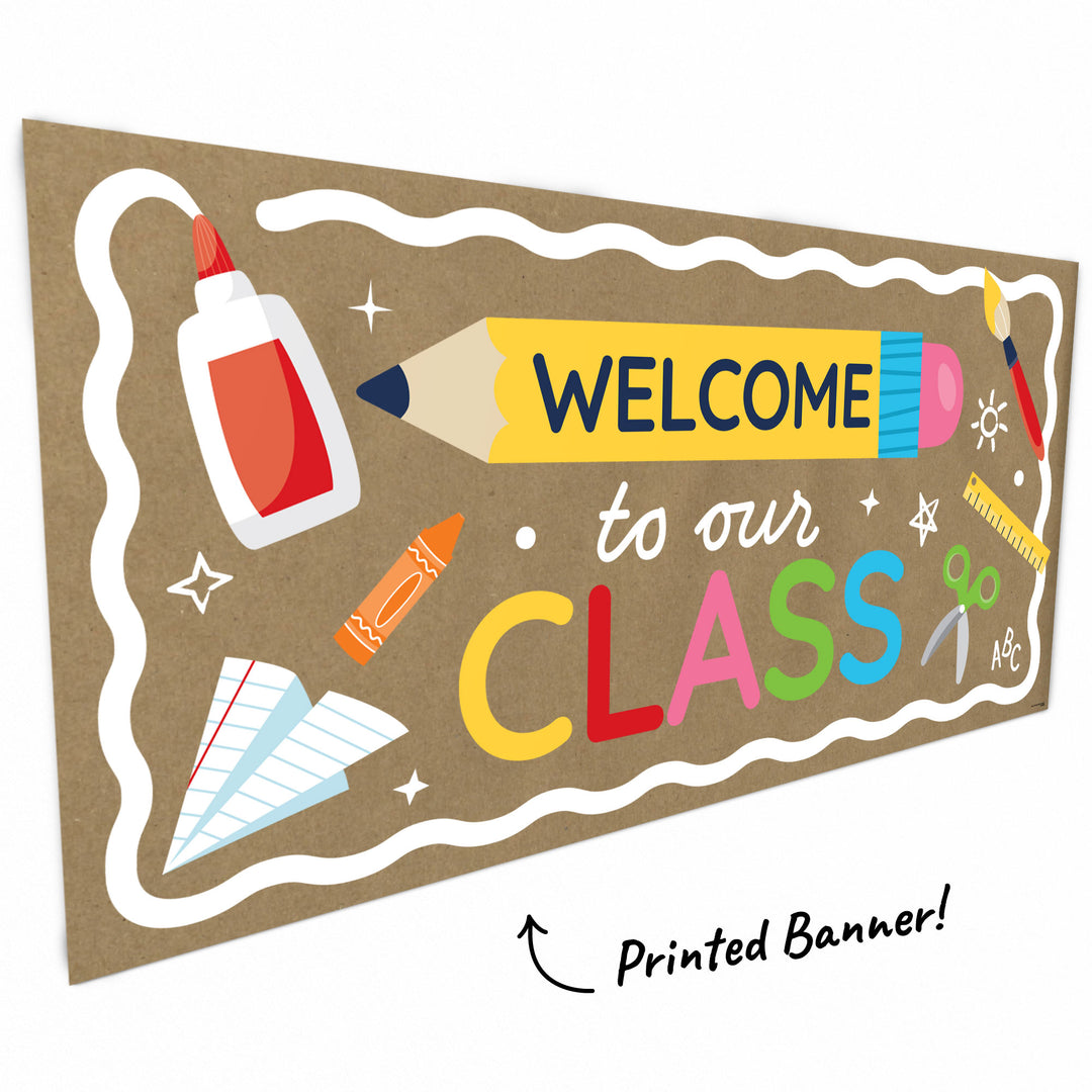 Close-up of pencil and crayon artwork on kraft classroom banner