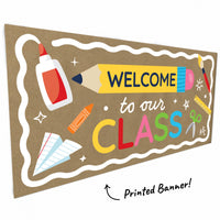 Close-up of pencil and crayon artwork on kraft classroom banner