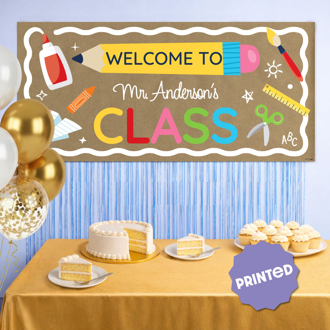 First day of school classroom backdrop with custom welcome banner