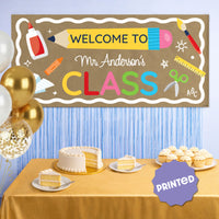 First day of school classroom backdrop with custom welcome banner