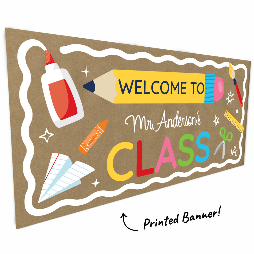 Custom text school supplies banner close-up with pencil artwork