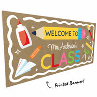 Custom text school supplies banner close-up with pencil artwork