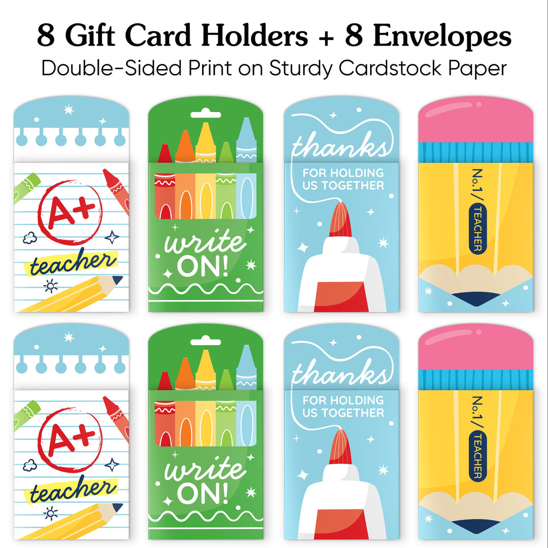 Teacher appreciation gift card display with school supplies theme