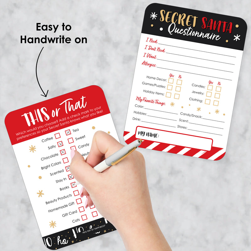 Secret Santa Fill-In Questionnaire Form - Christmas Gift Exchange Party Cards - Activity Duo Games - Set of 20