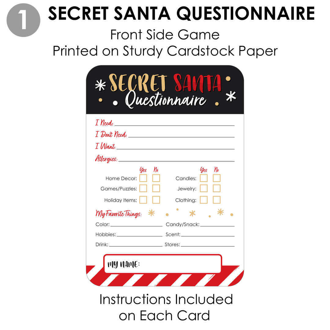 Secret Santa Fill-In Questionnaire Form - Christmas Gift Exchange Party Cards - Activity Duo Games - Set of 20