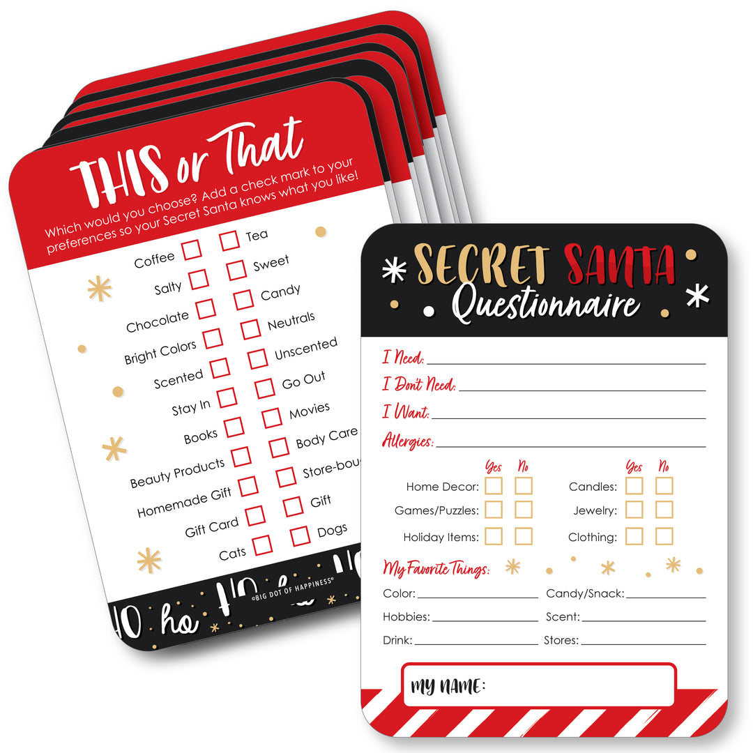 Secret Santa Fill-In Questionnaire Form - Christmas Gift Exchange Party Cards - Activity Duo Games - Set of 20