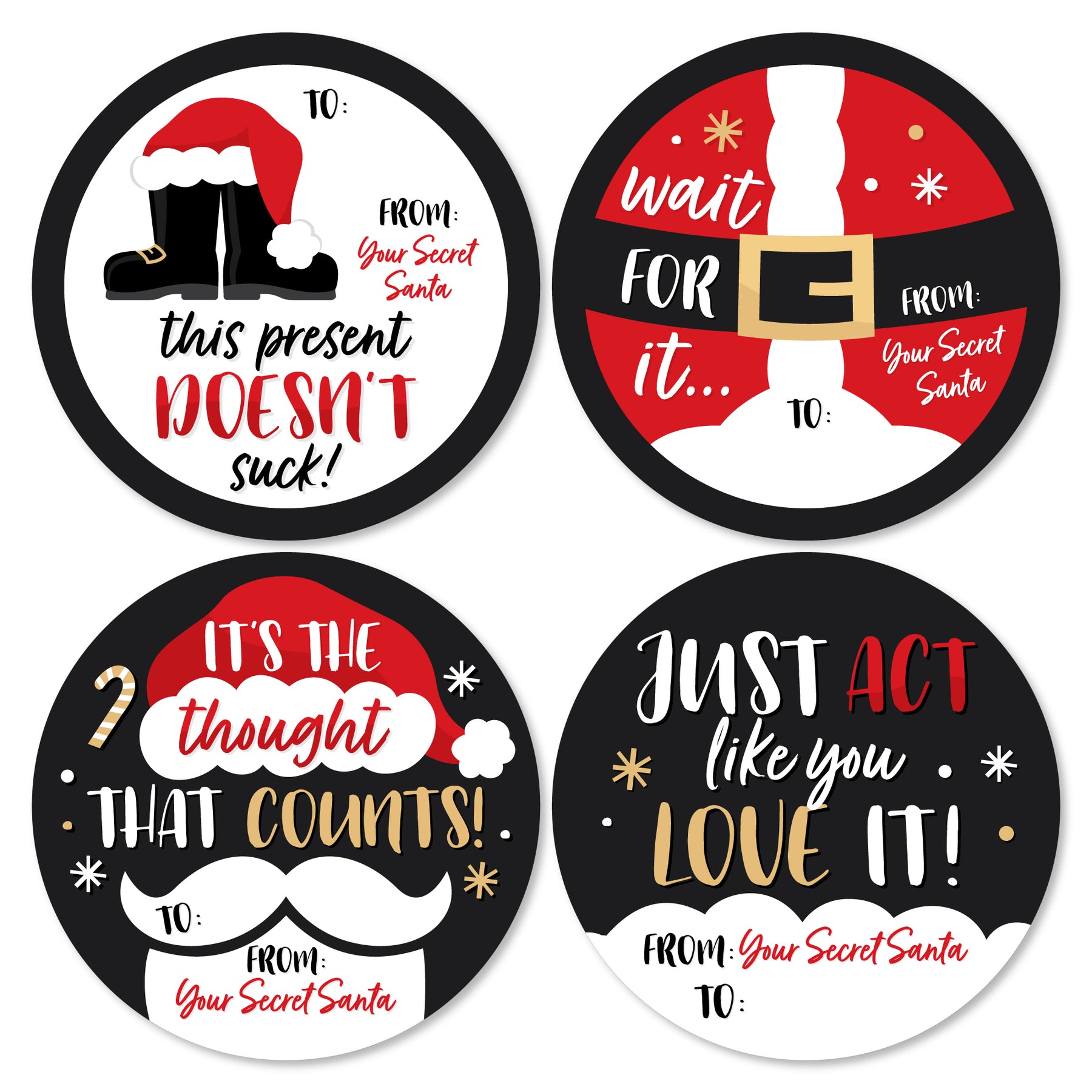 Secret Santa - Round Christmas Gift Exchange Party To and From Gift Tags - Large Stickers - Set of 8 | BigDotOfHappiness.com – Big Dot of Happiness LLC secret-santa-round-christmas-gift-exchange-party-to-and-from-gift-tags-large-stickers-set-of-8-bigdotofhappiness-com-big-dot-of-happiness-llc