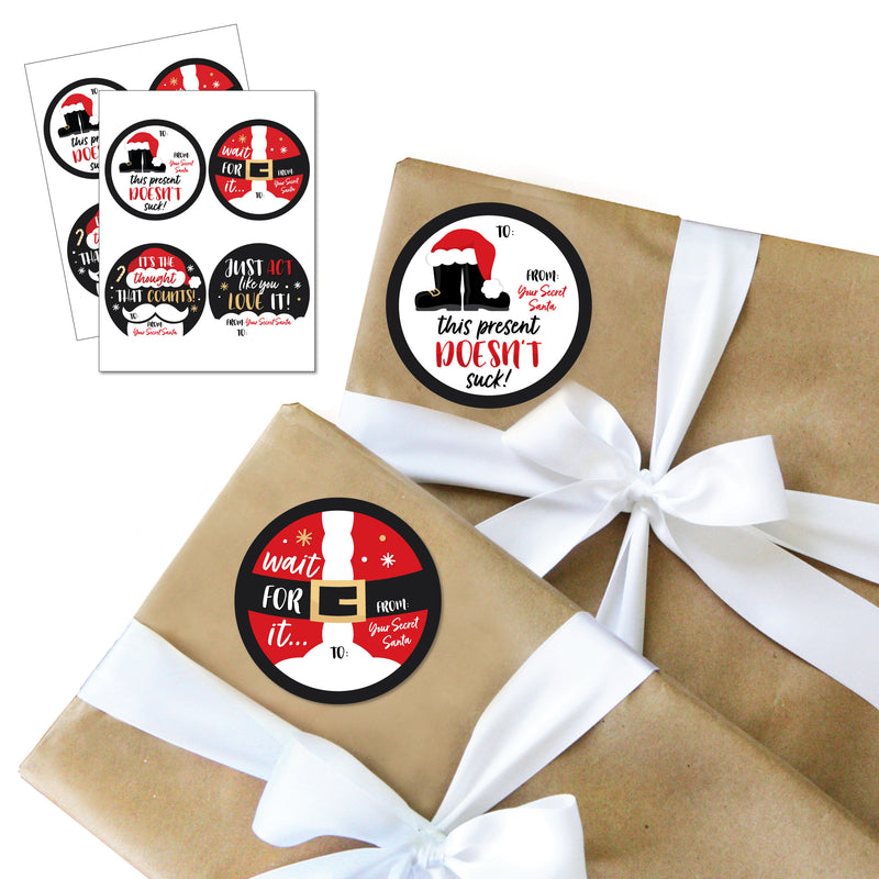 Secret Santa - Round Christmas Gift Exchange Party To and From Gift Tags - Large Stickers - Set of 8