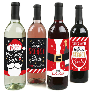 Secret Santa - Christmas Gift Exchange Party Decorations for Women and Men - Wine Bottle Label Stickers - Set of 4
