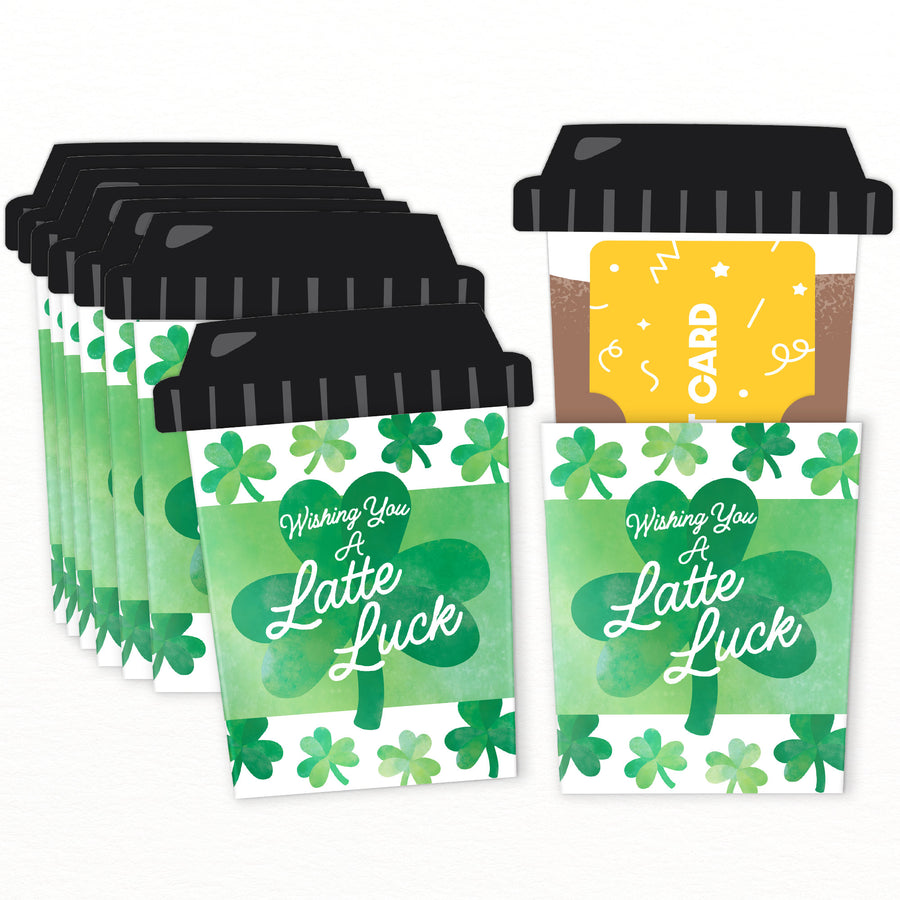 Gift Card Holder with shamrock design and 'Wishing You a Latte Luck' text on a white background.
