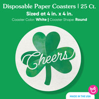 Disposable paper coaster with shamrock design and 'Cheers' text on a green background