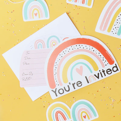 Hello Rainbow - Shaped Fill-In Invitations - Boho Baby Shower or Birthday Party Invitation Cards with Envelopes - Set of 12