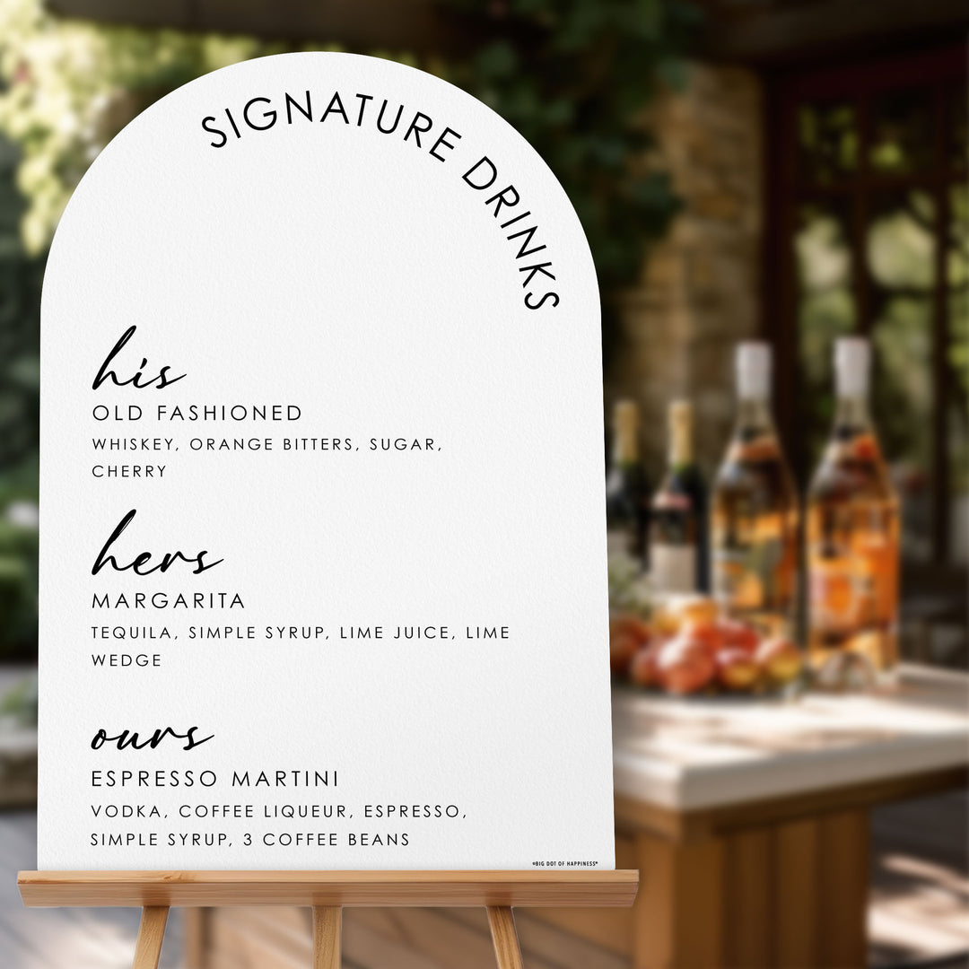 Menu board with signature drinks list on an outdoor setting with bottles in the background