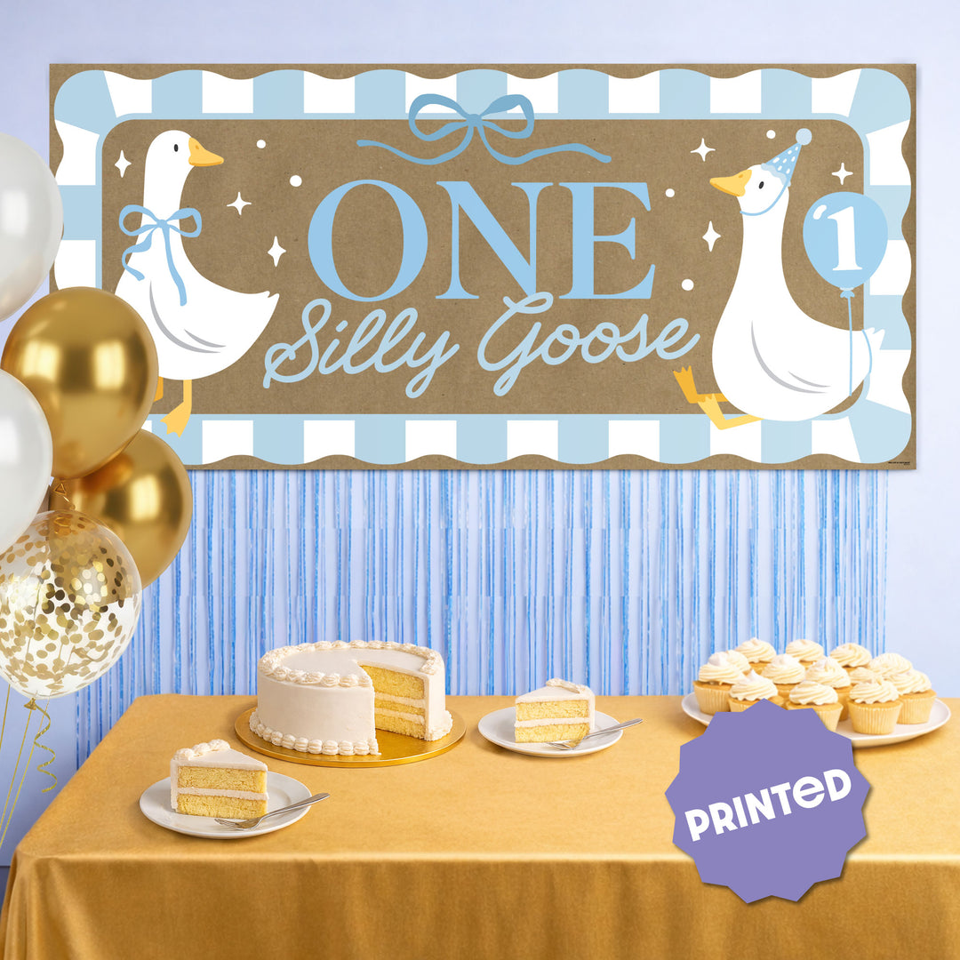 Baby boy first birthday backdrop with white geese