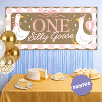 Baby girl first birthday backdrop with white geese