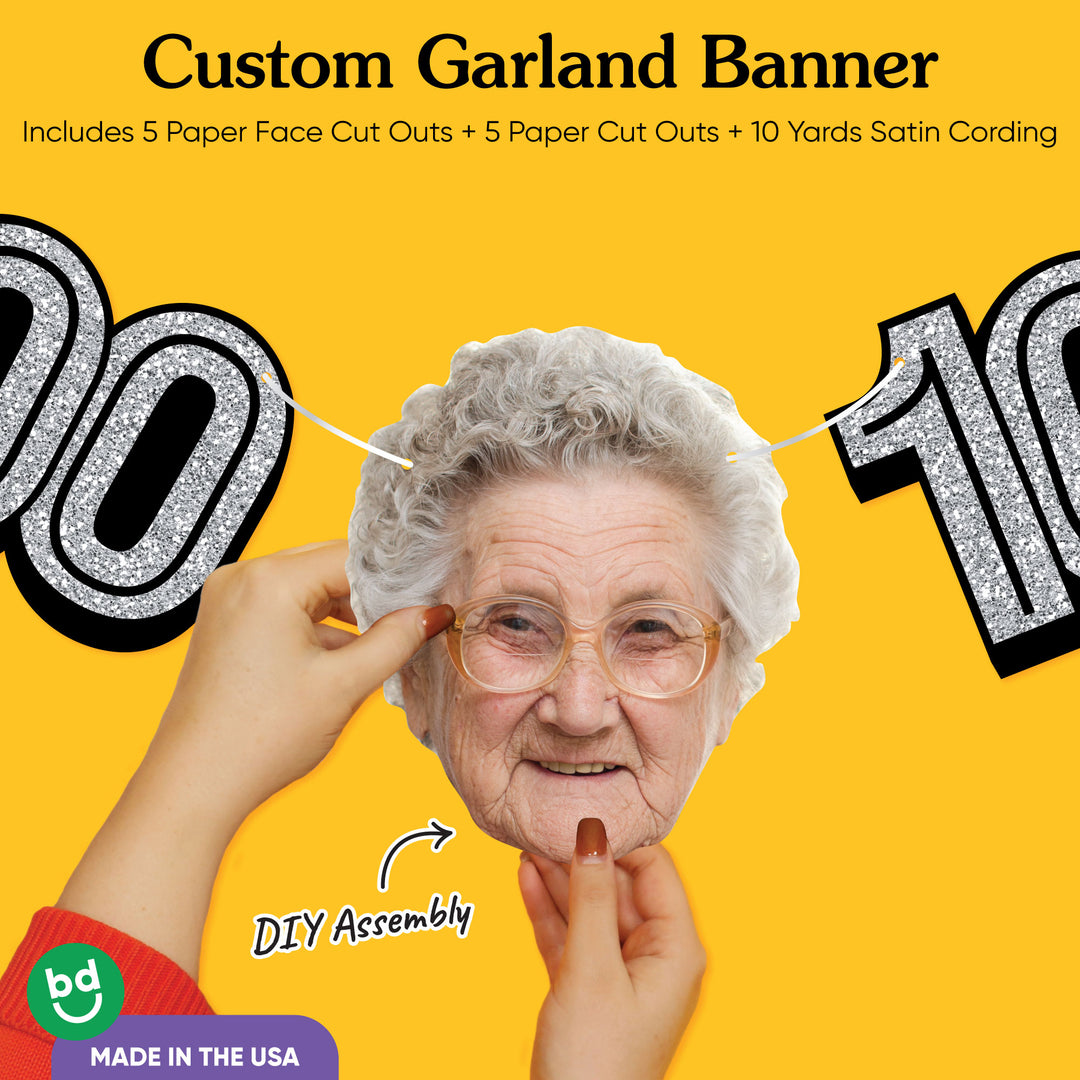 Cardstock finish and satin string on 100th birthday face banner