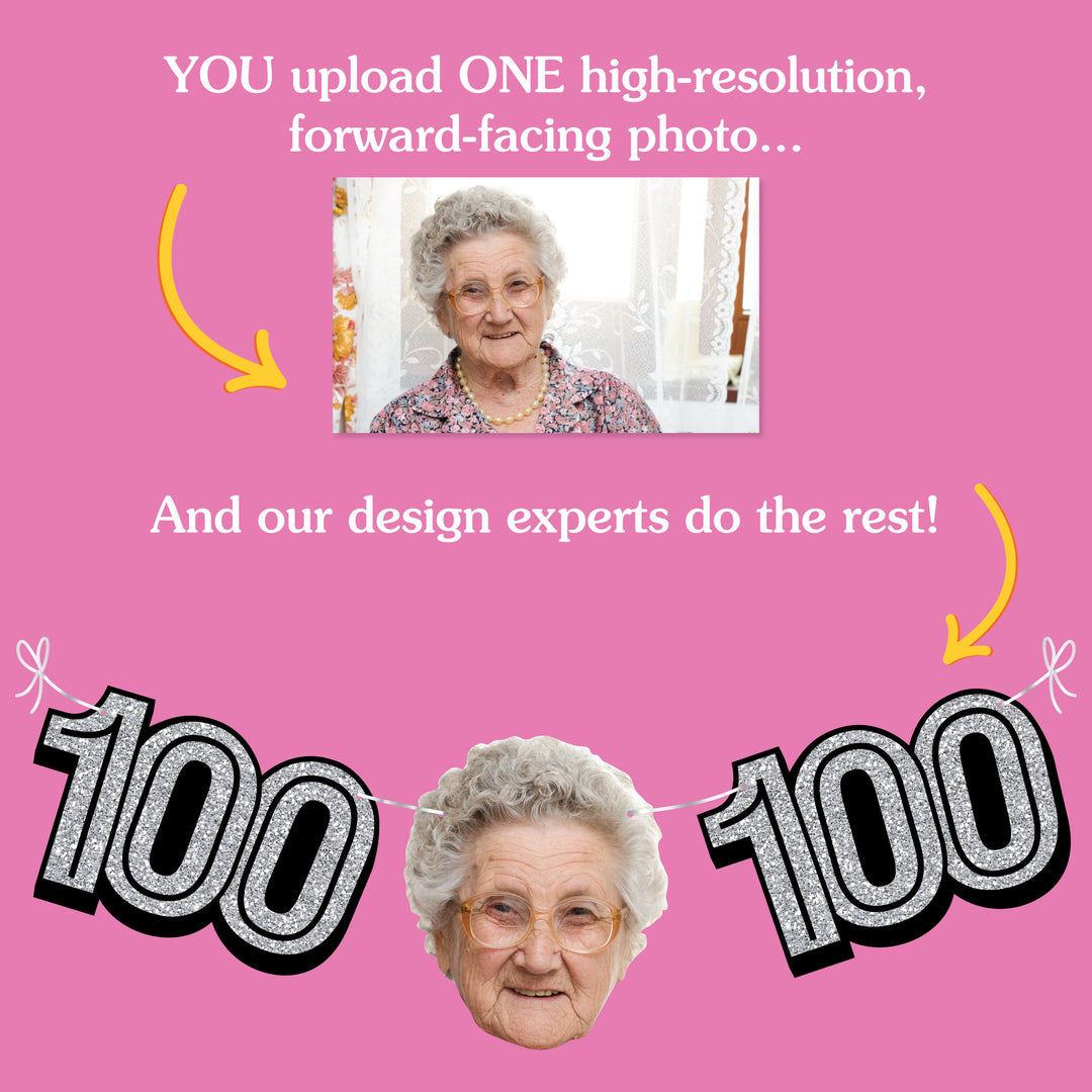 Upload one photo for custom 100th birthday fun face banner