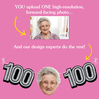 Upload one photo for custom 100th birthday fun face banner