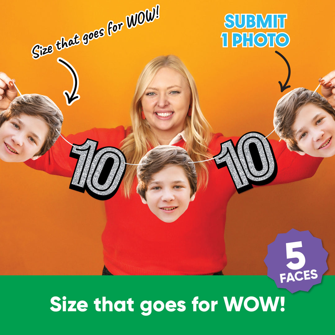 Submit one photo to create five custom faces for 10th birthday garland