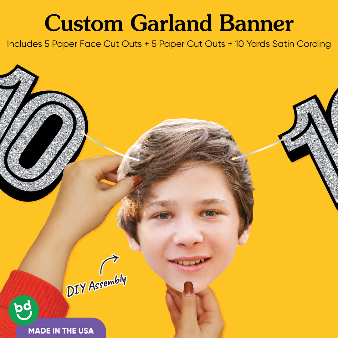 White satin cording and cardstock details on 10th birthday face garland