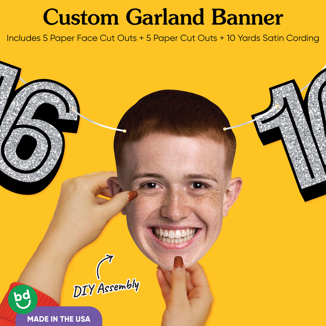 Satin cording and sturdy cardstock on sweet 16 face banner