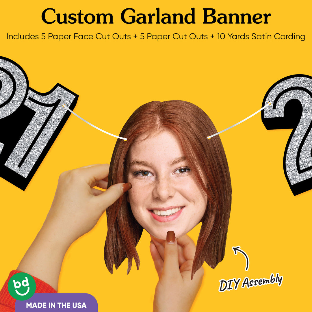 Cardstock finish and satin string on 21st birthday face banner