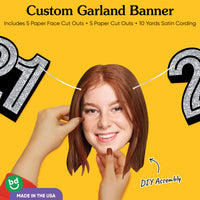 Cardstock finish and satin string on 21st birthday face banner