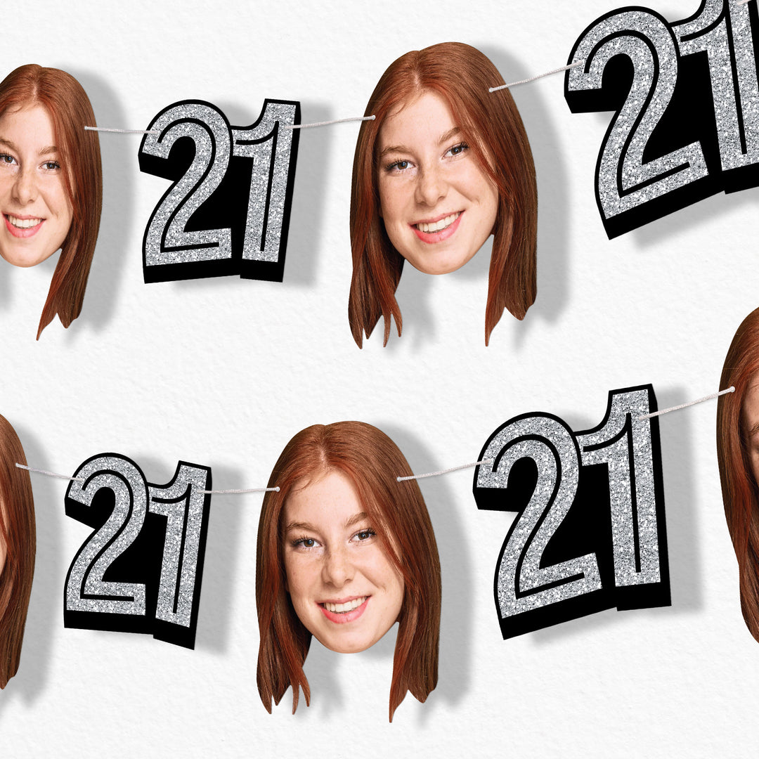 Silver 21st birthday fun face banner