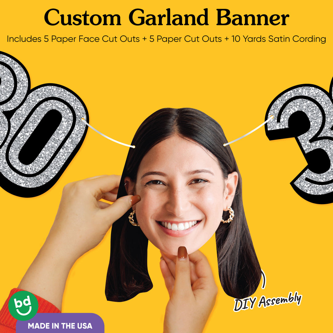 Cardstock finish and satin string on 30th birthday face banner