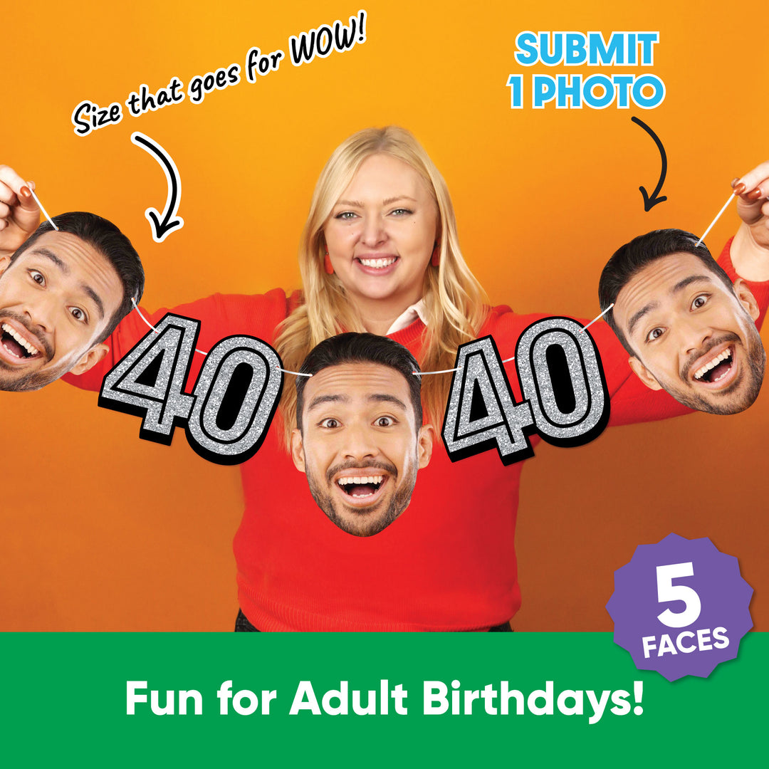 custom photo garland banner with faces for 40th Birthday and text on an orange background
