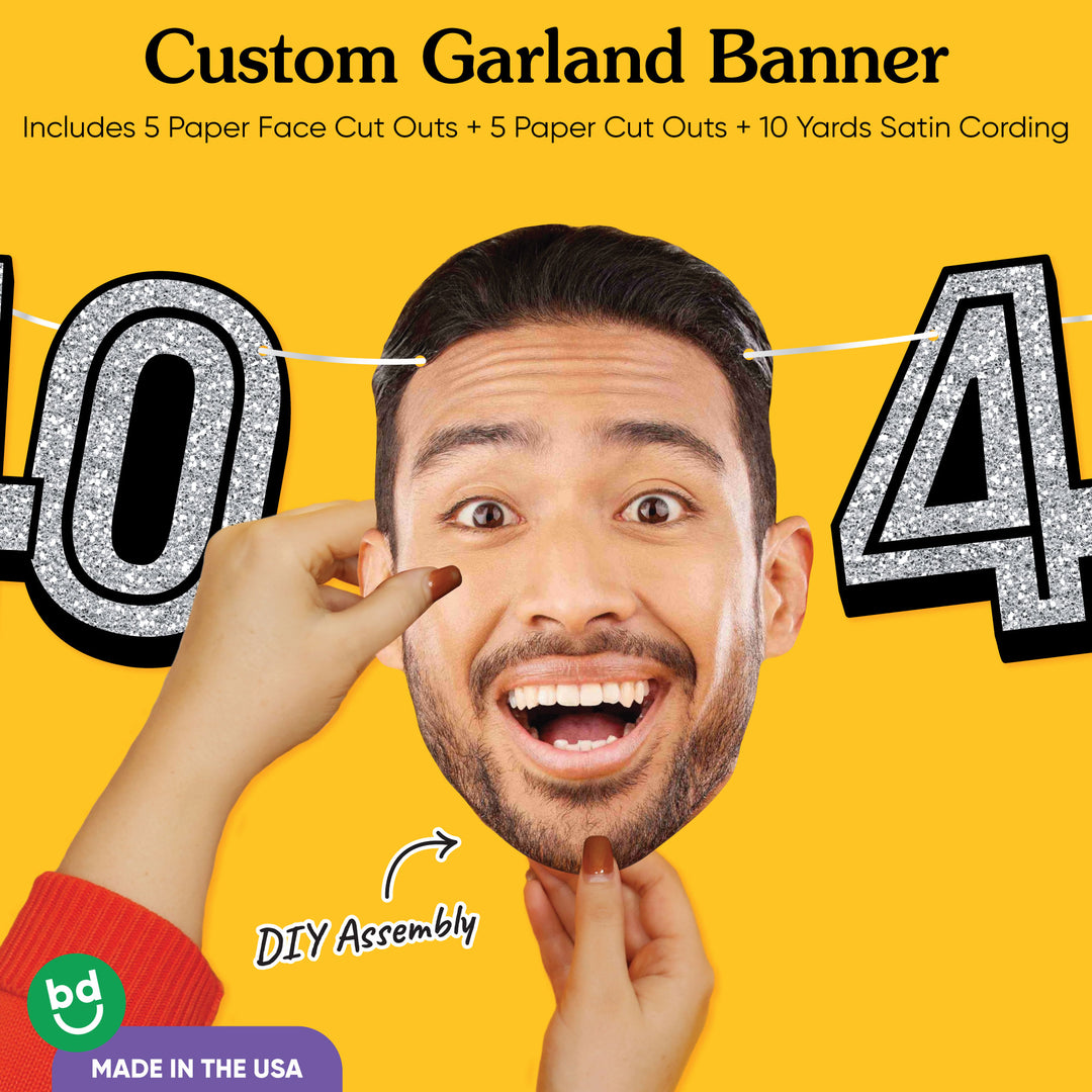 Cardstock finish and satin string on 40th birthday face banner