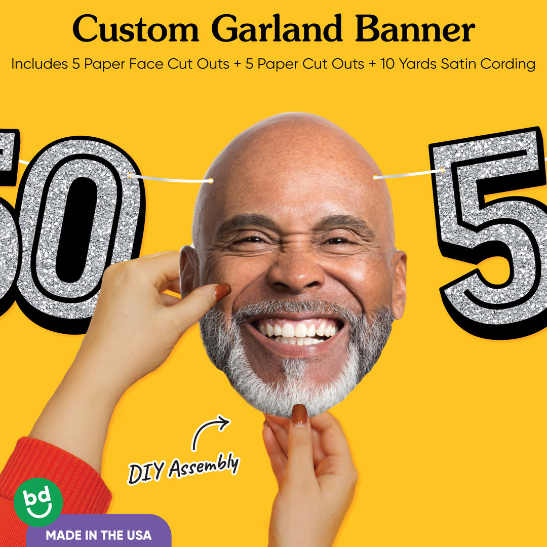 Cardstock finish and satin string on 50th birthday face banner