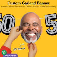 Cardstock finish and satin string on 50th birthday face banner