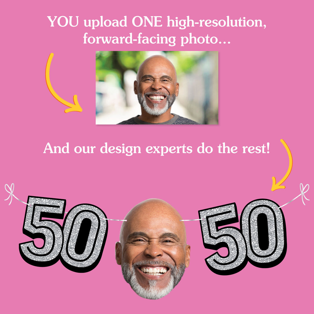 Upload one photo for custom 50th birthday fun face banner