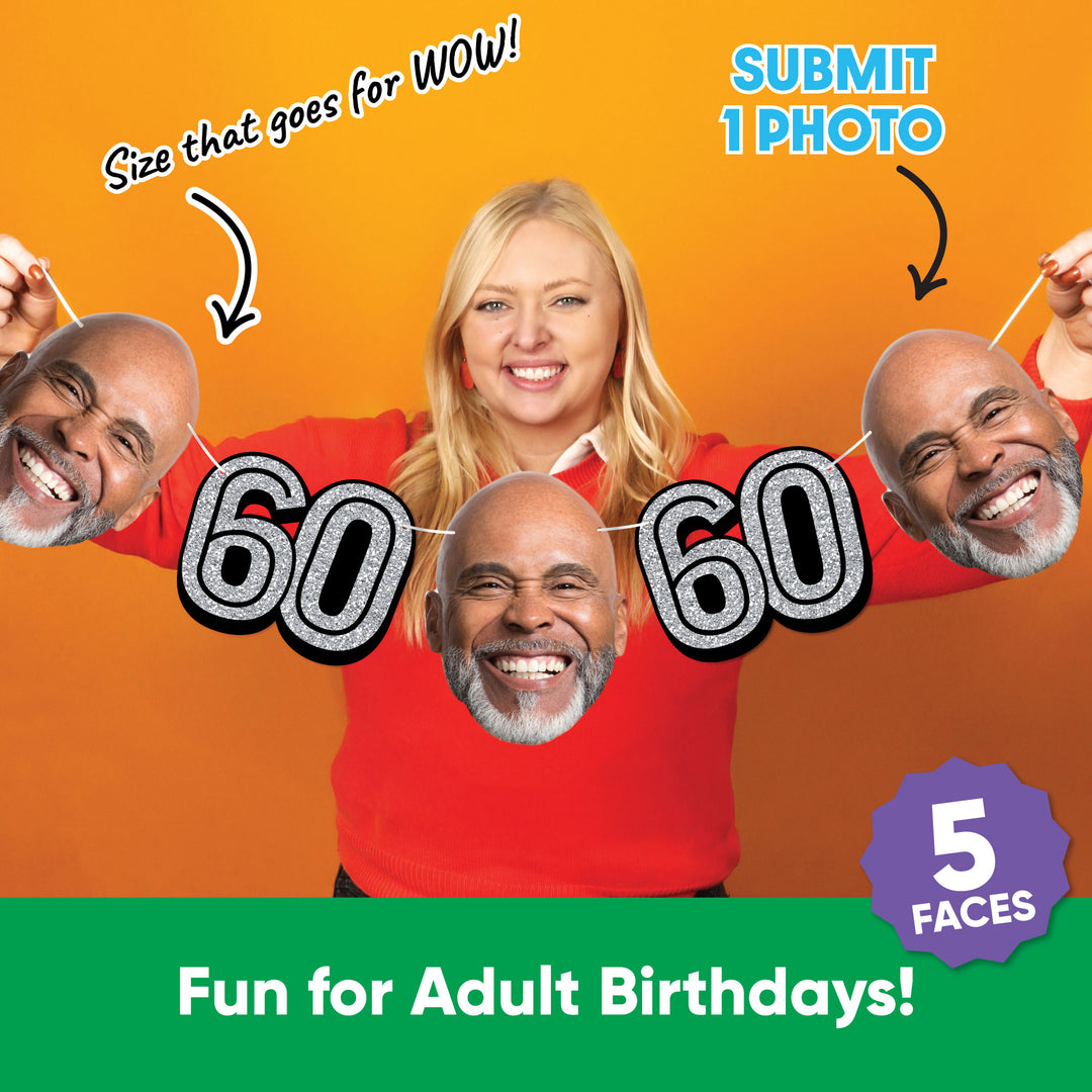 Personalized 60th birthday garland banner with custom face photo cutouts and party décor.