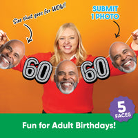 Personalized 60th birthday garland banner with custom face photo cutouts and party décor.