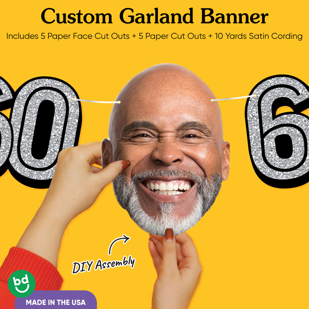 60th birthday party custom face banner with oversized cutouts and black & gold theme.