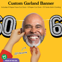60th birthday party custom face banner with oversized cutouts and black & gold theme.