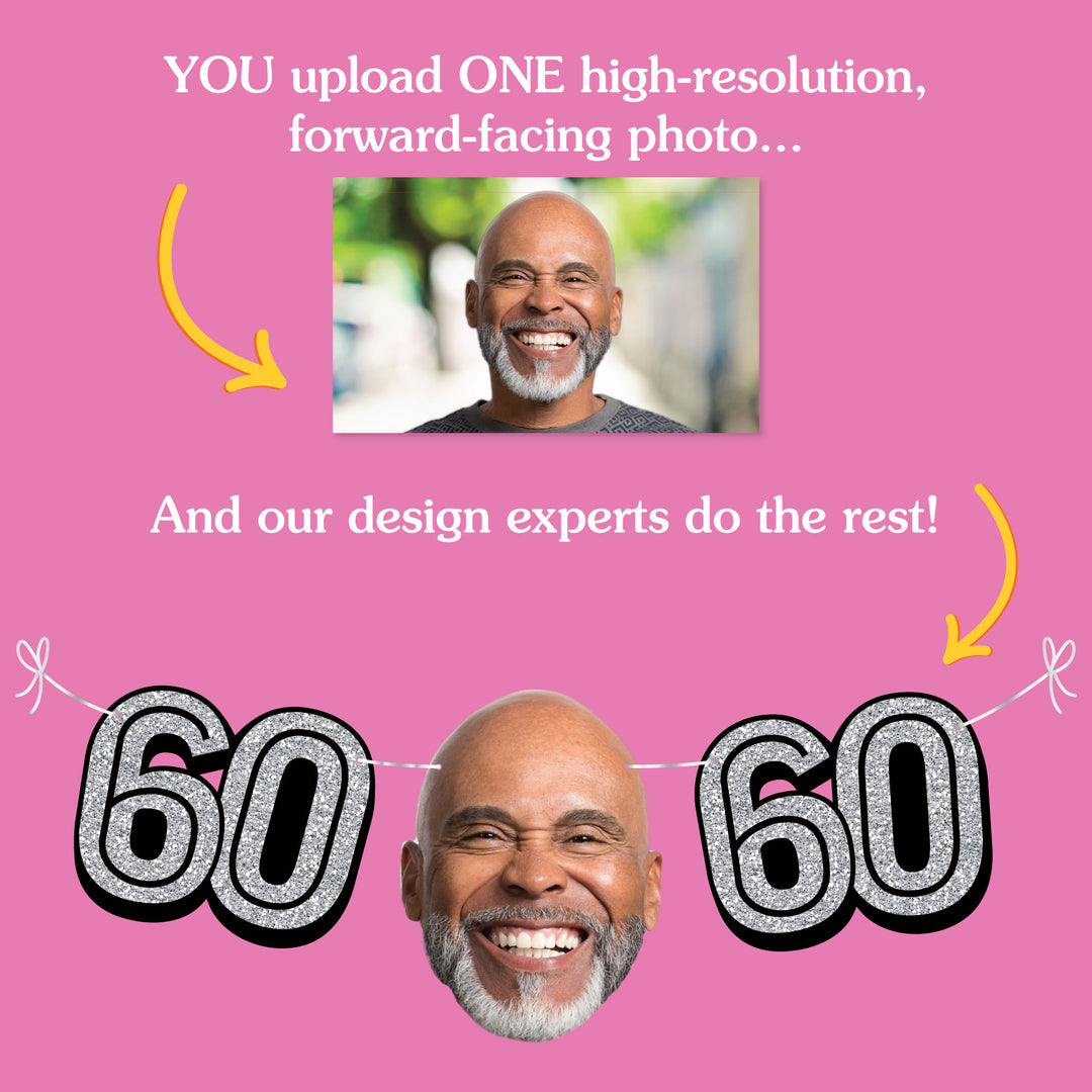 Milestone 60th birthday celebration garland banner featuring custom photo faces and decorative shapes