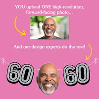 Milestone 60th birthday celebration garland banner featuring custom photo faces and decorative shapes